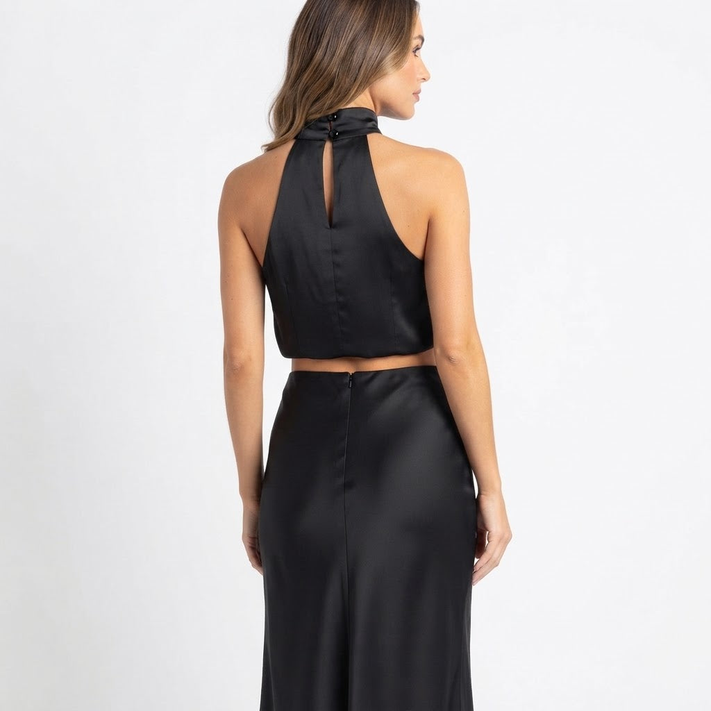 Women's Two Piece Satin Set Halter Crop Top Bias Cut Midi Skirt