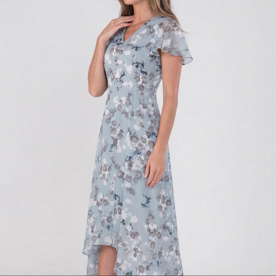 Women's Floral Chiffon Maxi Dress Flutter Sleeve V-Neck Wedding Guest