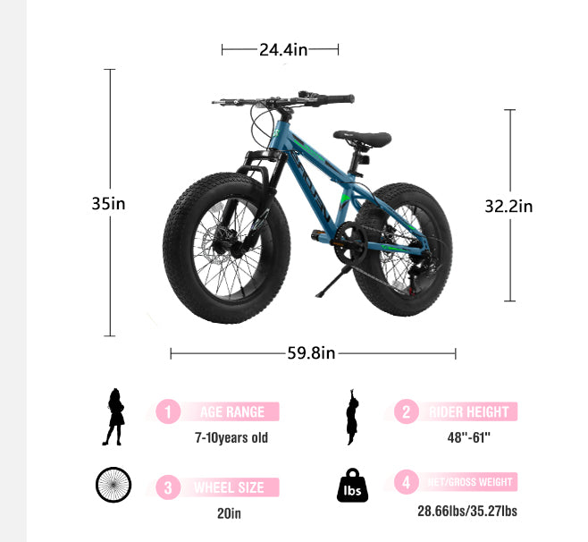 V20235 20 Inch Fat Tire Bike 7 Speed Mountain Bike, Dual Disc Brakes, High Carbon Steel Frame, Front Suspension, Mountain Buggy, City Commuter City Bike, Fat Tire Bike