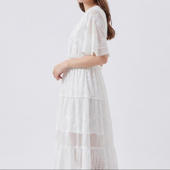 Women's Lace Embroidered Boho Maxi Dress V Neck Tiered Flowy