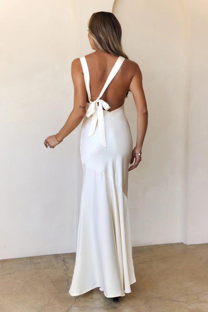 Women's Sleeveless Satin Maxi Dress Boat Neck Asymmetric Hem Gown