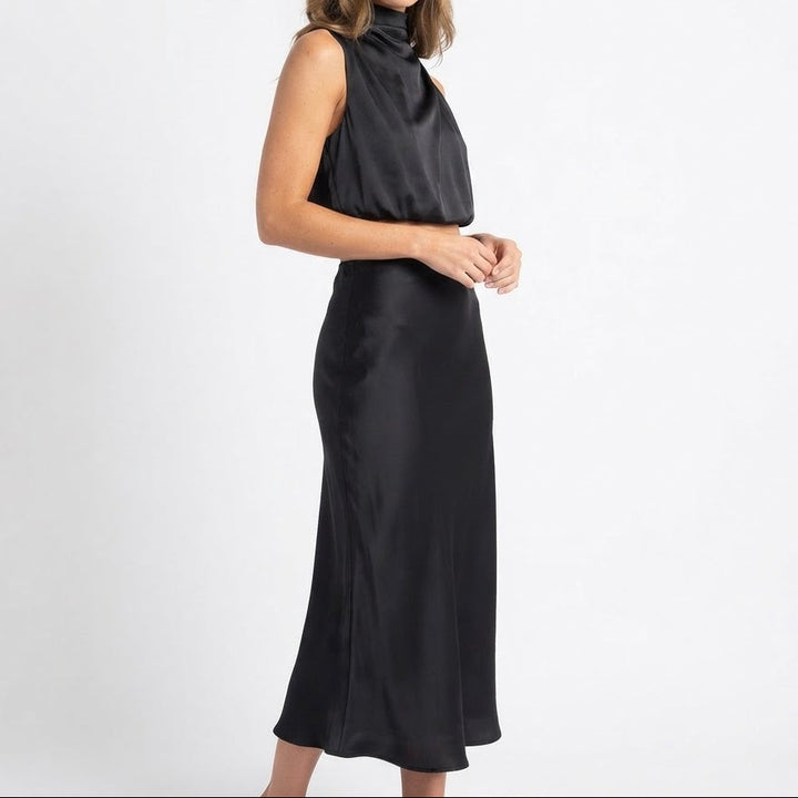 Women's Two Piece Satin Set Halter Crop Top Bias Cut Midi Skirt