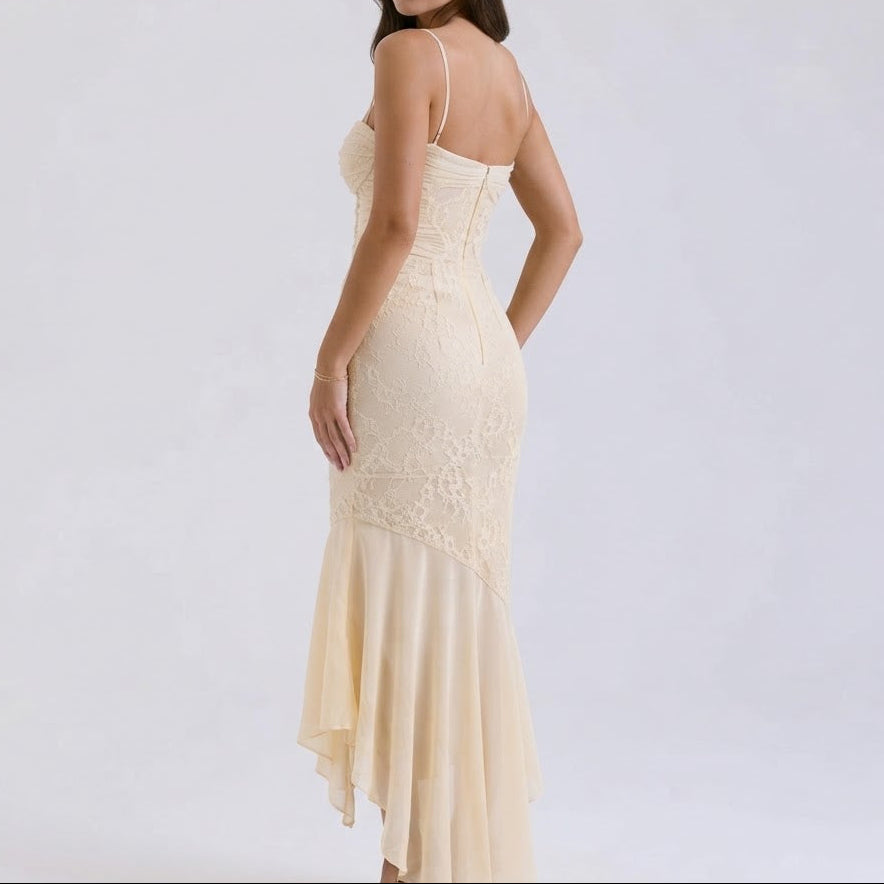 Women's Lace Panel Ruched Mermaid Maxi Gown Spaghetti Strap Sweetheart