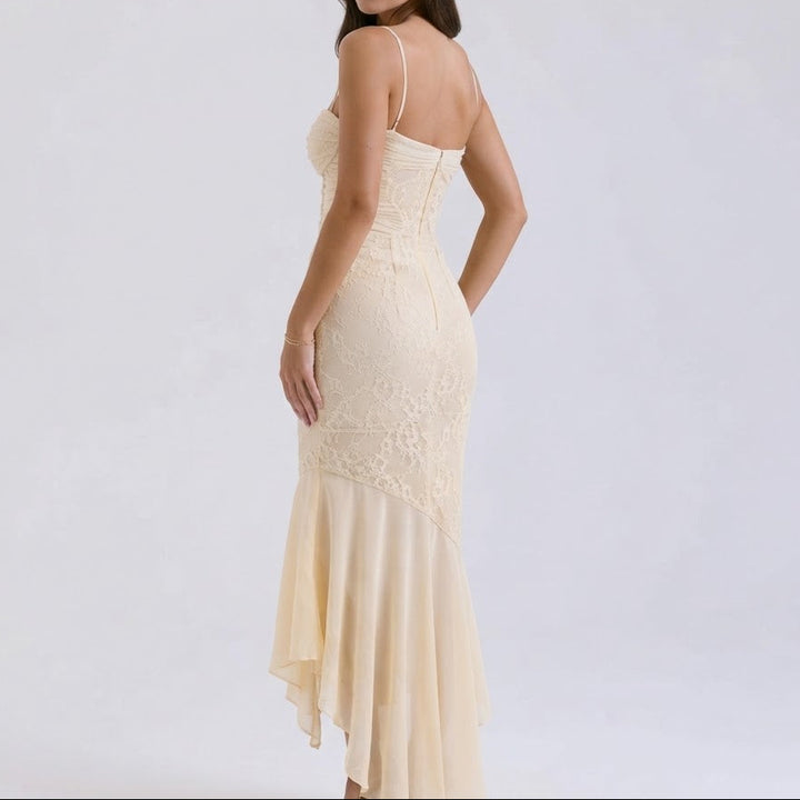 Women's Lace Panel Ruched Mermaid Maxi Gown Spaghetti Strap Sweetheart