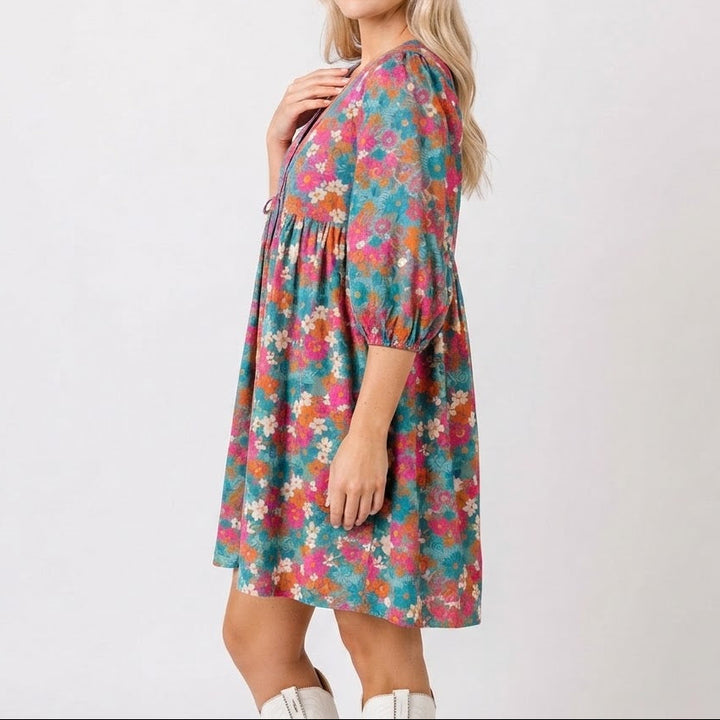 Women's Floral Print Babydoll Mini Dress V-Neck Long-Sleeve Smocked