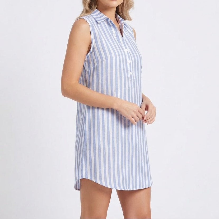 Women's Striped Shirt Dress Sleeveless Collared Button Front Linen