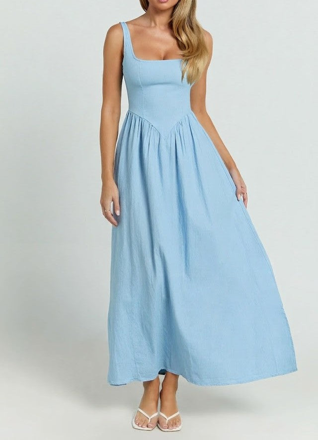 Women's Halter Neck Midi Dress Fitted Bodice A-Line Sleeveless