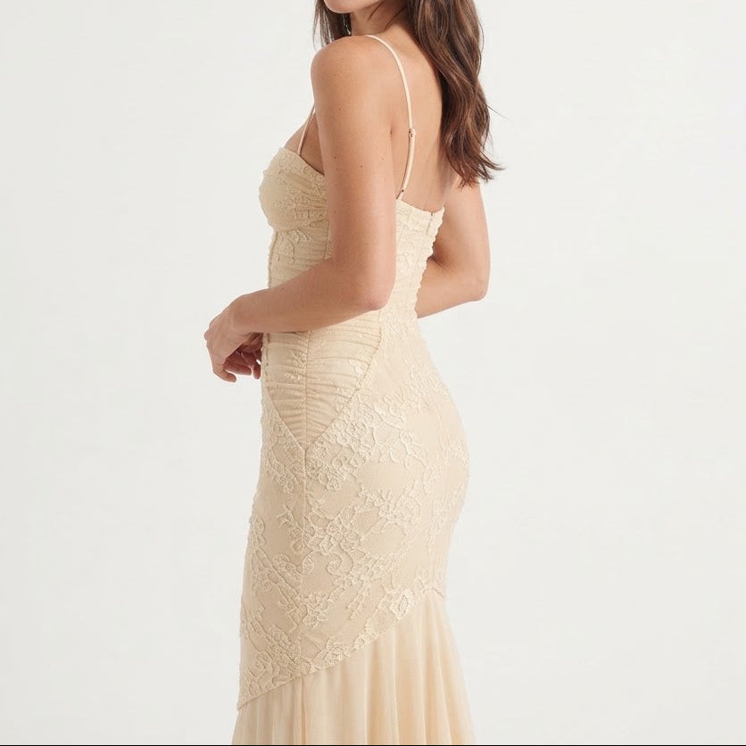 Women's Lace Panel Ruched Mermaid Maxi Gown Spaghetti Strap Sweetheart