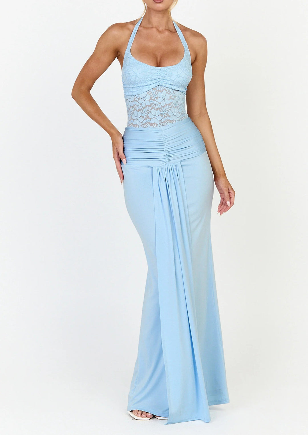 Women's Halter Neck Maxi Dress Lace Bodice Ruched Mermaid Evening