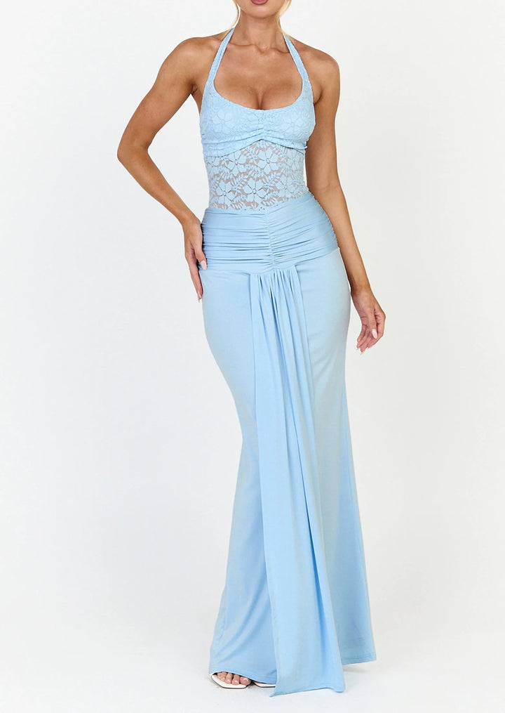 Women's Halter Neck Maxi Dress Lace Bodice Ruched Mermaid Evening