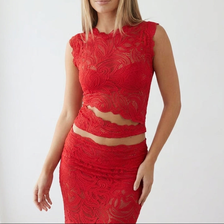 Women's Two Piece Lace Set Sleeveless Crop Top Maxi Skirt Formal