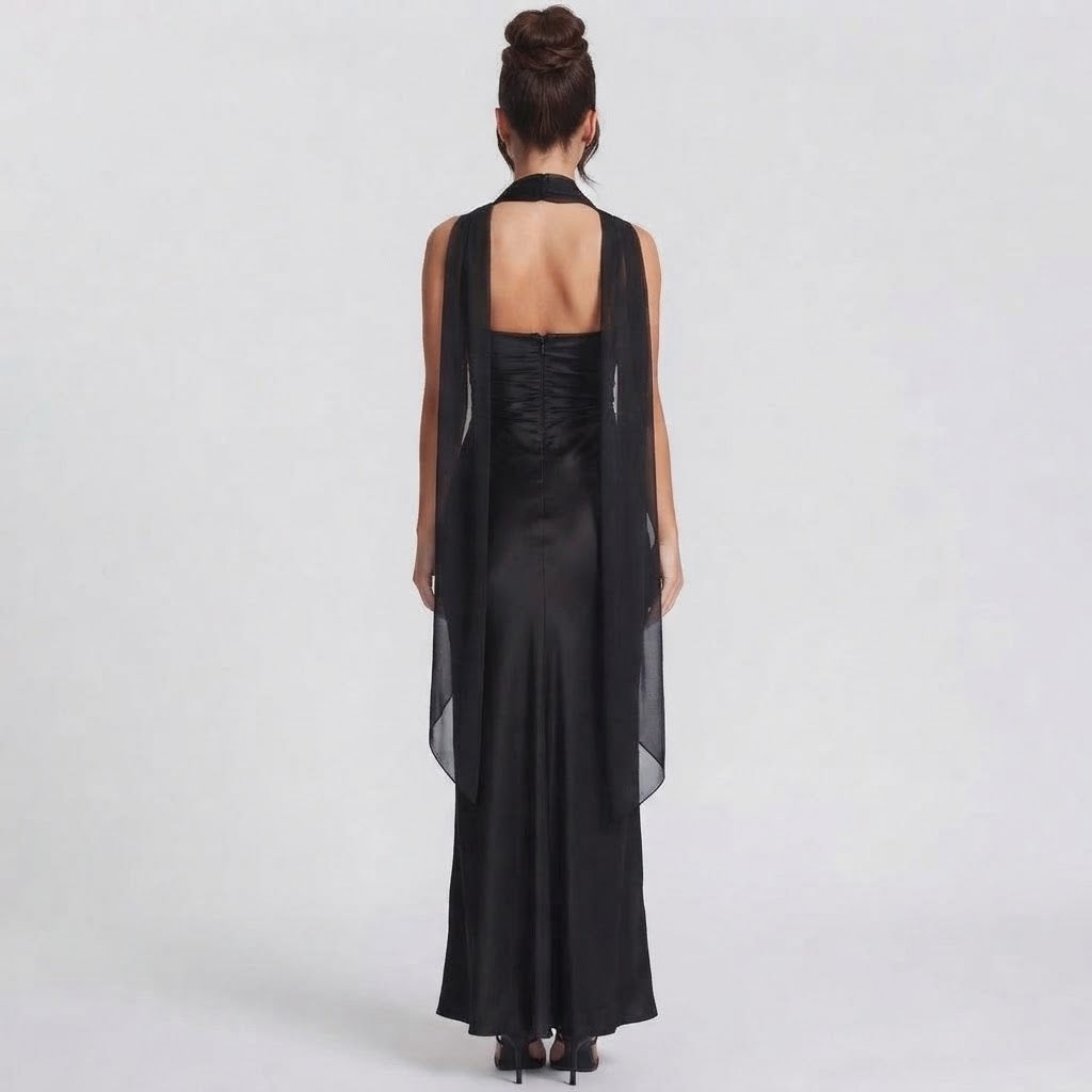 Women's Satin Ruched Maxi Dress Square Neck Scarf Tie Bodycon Formal