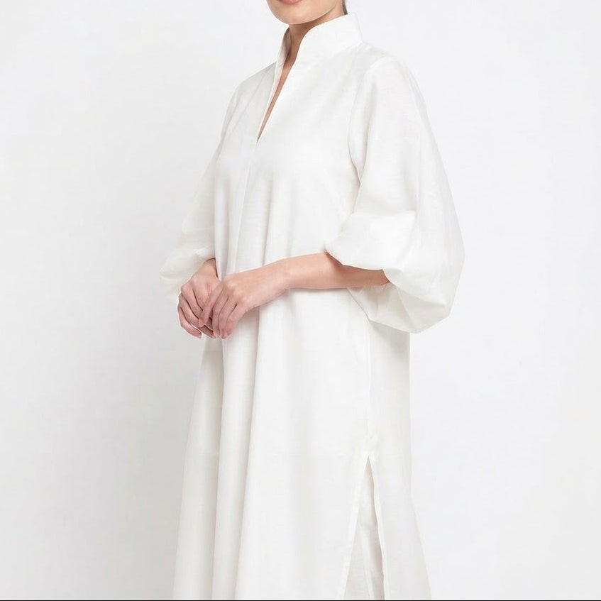 Women's Midi Shirt Summer Dress Puff Sleeve Stand Collar Oversized Kaftan