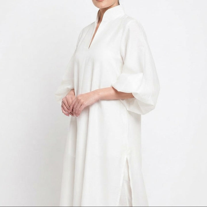 Women's Midi Shirt Summer Dress Puff Sleeve Stand Collar Oversized Kaftan