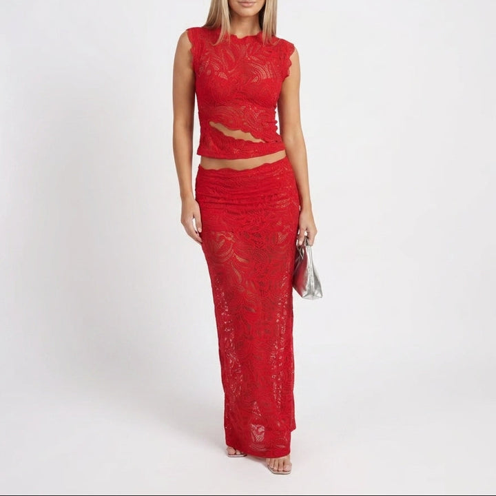 Women's Two Piece Lace Set Sleeveless Crop Top Maxi Skirt Formal