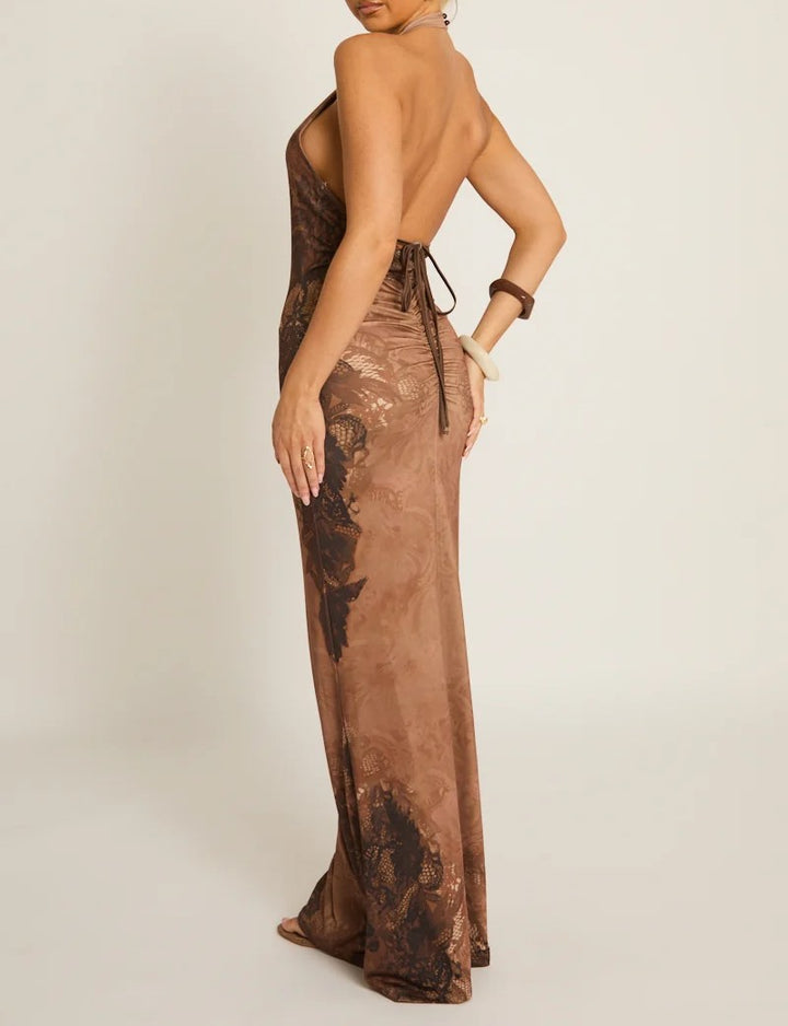 Women's Halter Cowl Neck Baroque Print Bodycon Maxi Dress