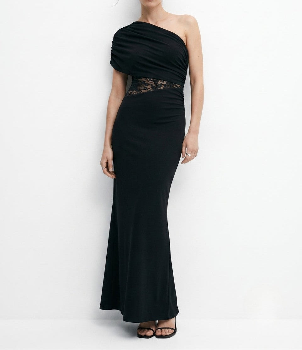 Women's One-Shoulder Maxi Dress Lace Waist Ruched Mermaid Evening Gown