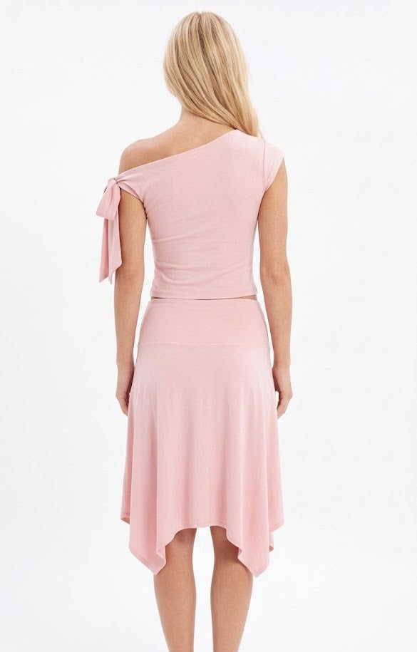 Women's Asymmetric Tie Shoulder Top and Handkerchief Midi Skirt Set