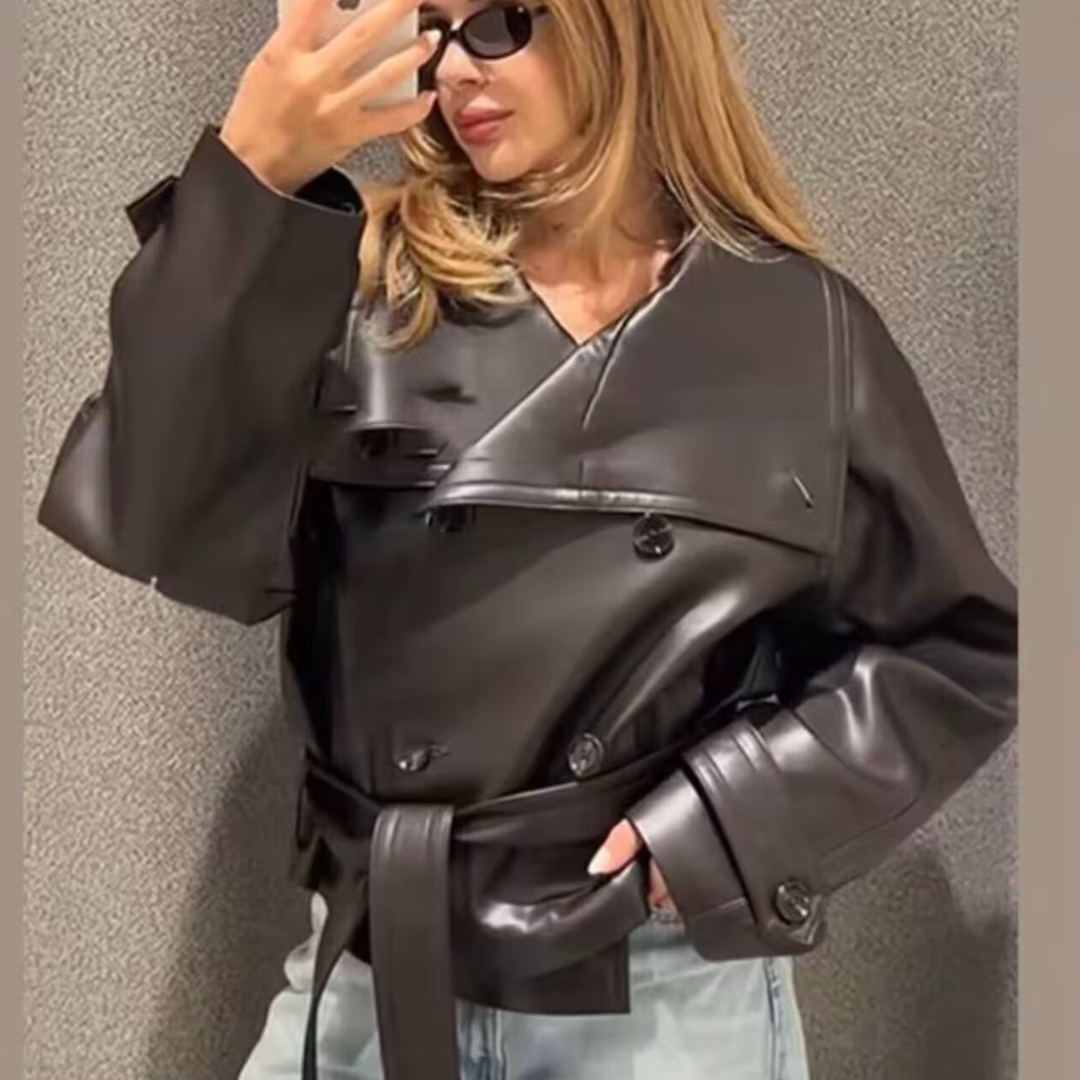 Women's Oversized Cropped Faux Leather Moto Biker Jacket