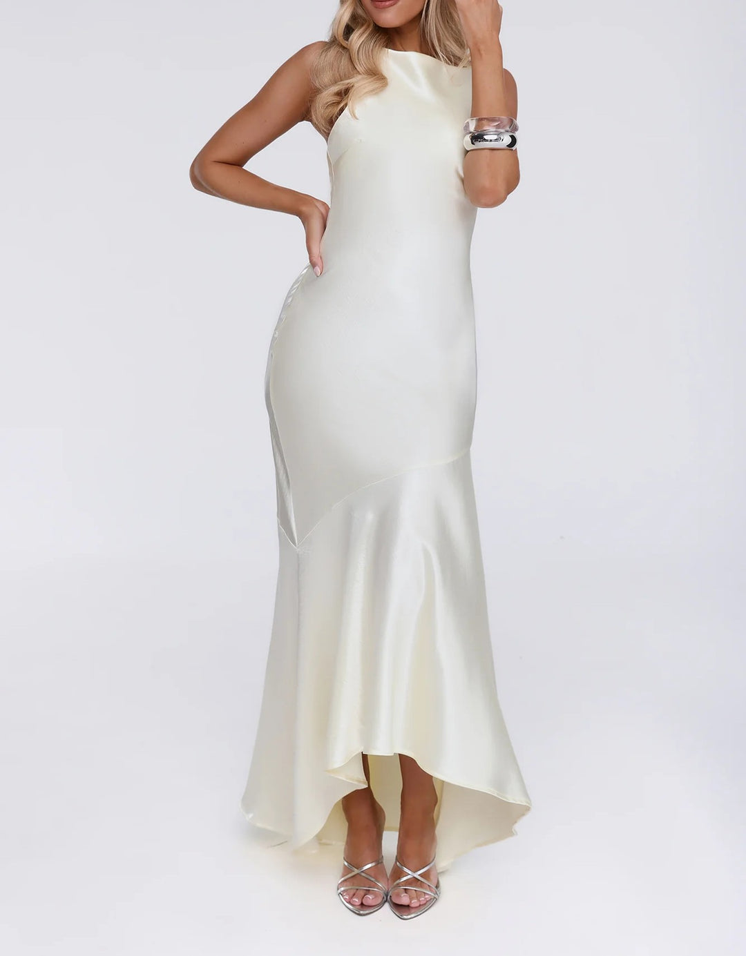 Women's Sleeveless Satin Maxi Dress Boat Neck Asymmetric Hem Gown