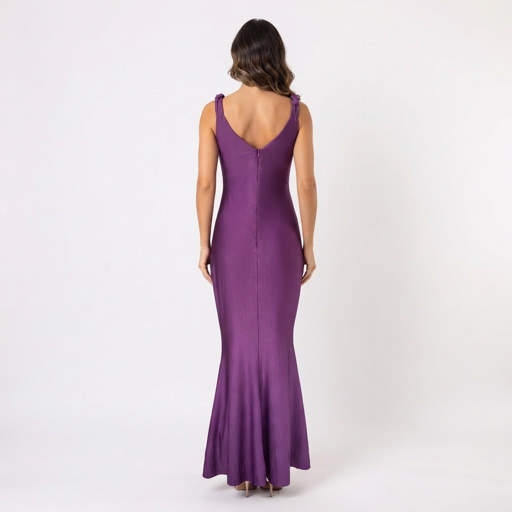 Women's V Neck Ruched Maxi Evening Gown Floral Strap Bodycon Formal