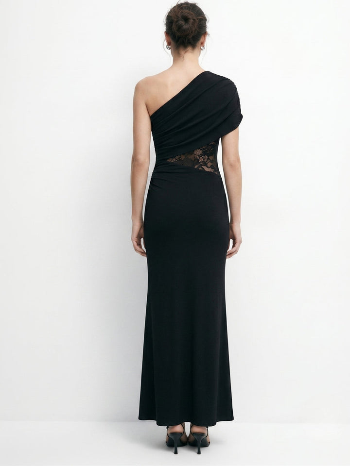 Women's One-Shoulder Maxi Dress Lace Waist Ruched Mermaid Evening Gown