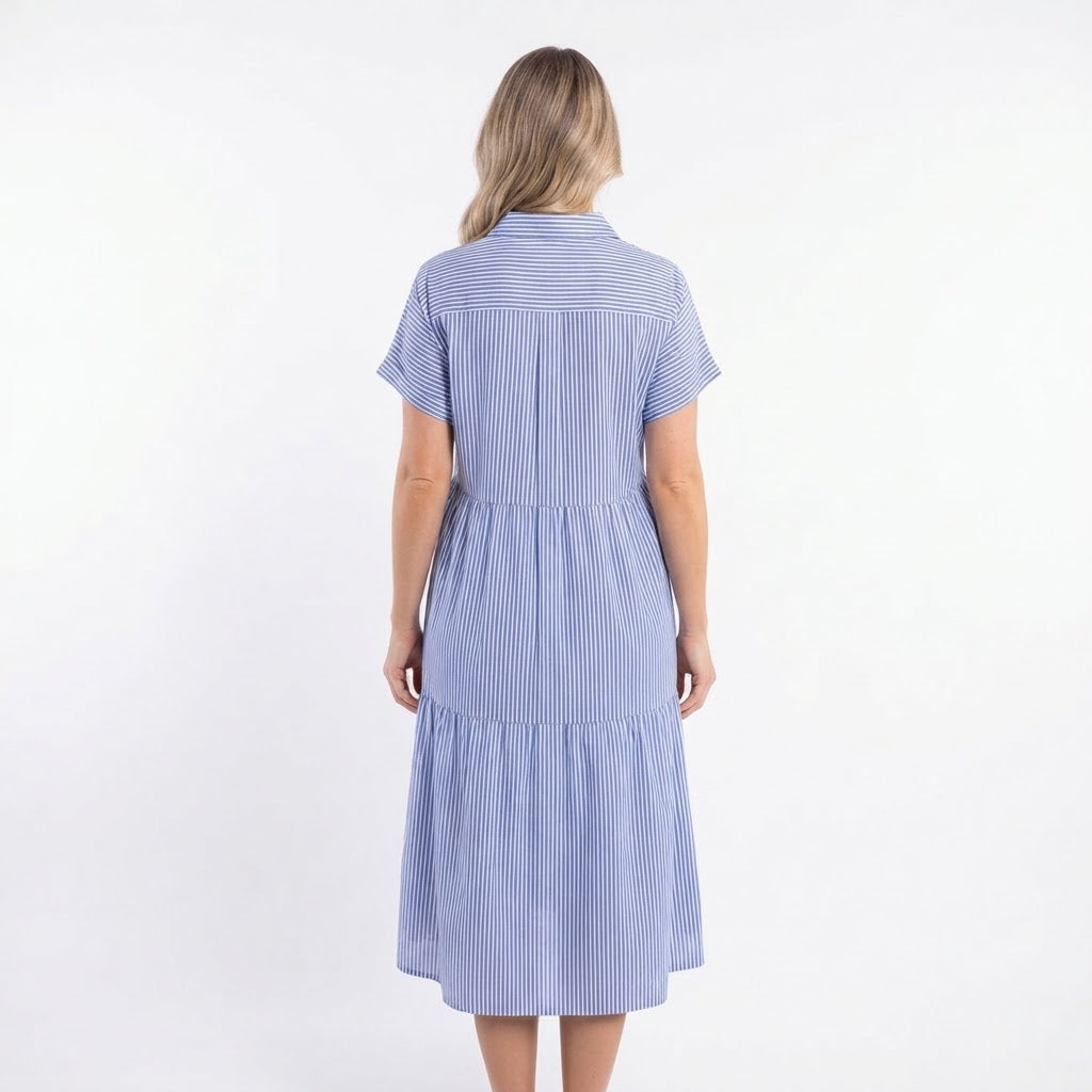 Women's Striped Linen Shirt Dress Short Sleeve Button Down Midi