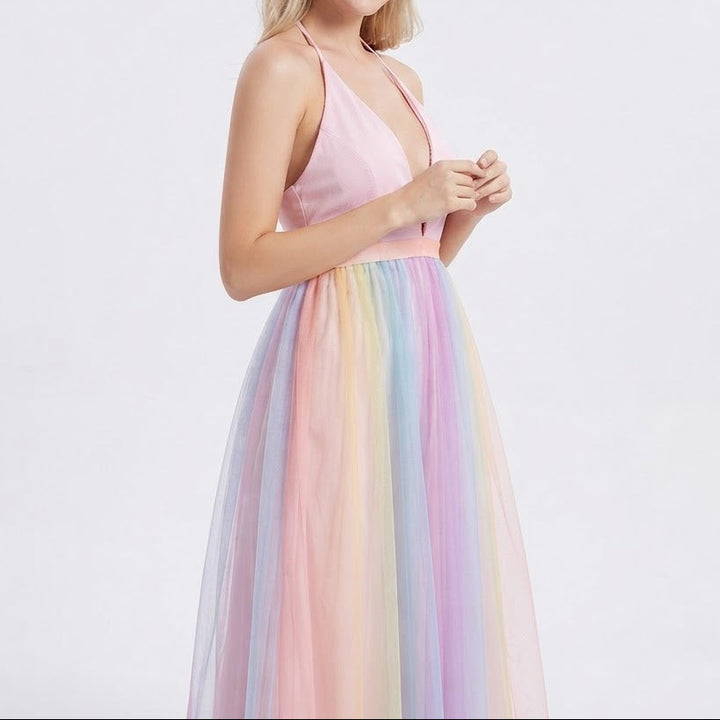 Women's Tulle Maxi Dress Deep V Neck Halter Pleated Skirt Formal