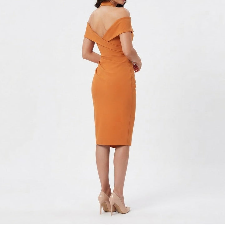 Women's Off Shoulder Wrap Midi Dress Halter Neck Ruched Bodycon