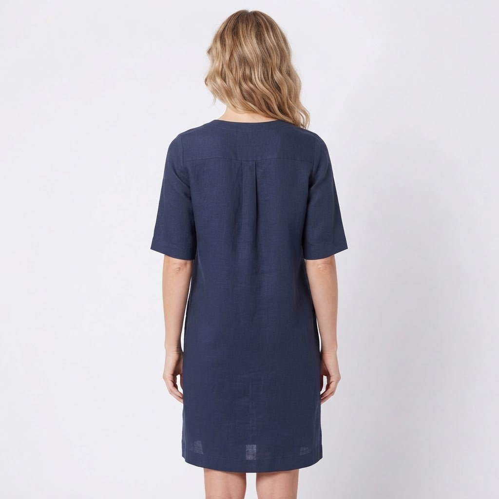 Women's Linen Shift Summer Dress Half Sleeve Notch Neck Pockets Midi
