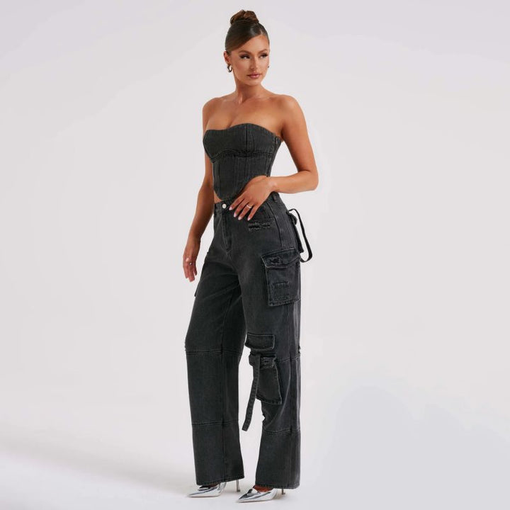 Women's Denim Two Piece Set Strapless Corset Top Cargo Jeans Outfit