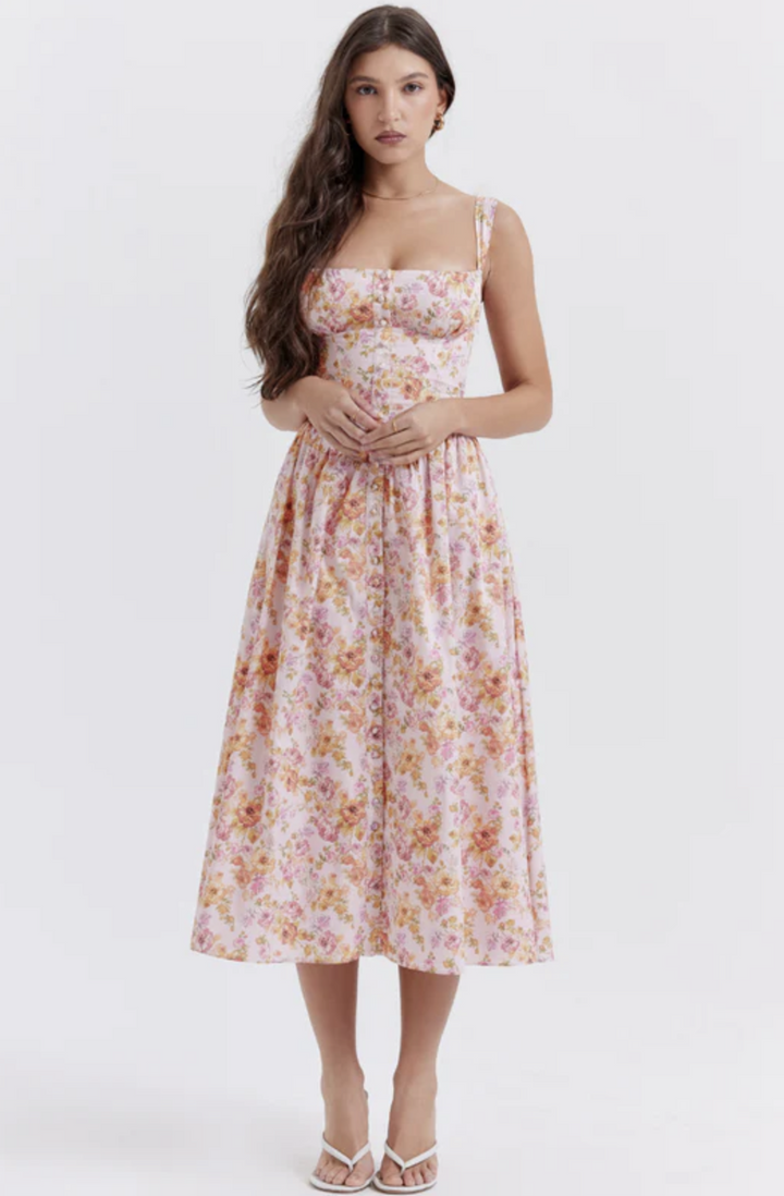 Women's Floral Midi Dress Bustier Corset Bodice Sweetheart Summer