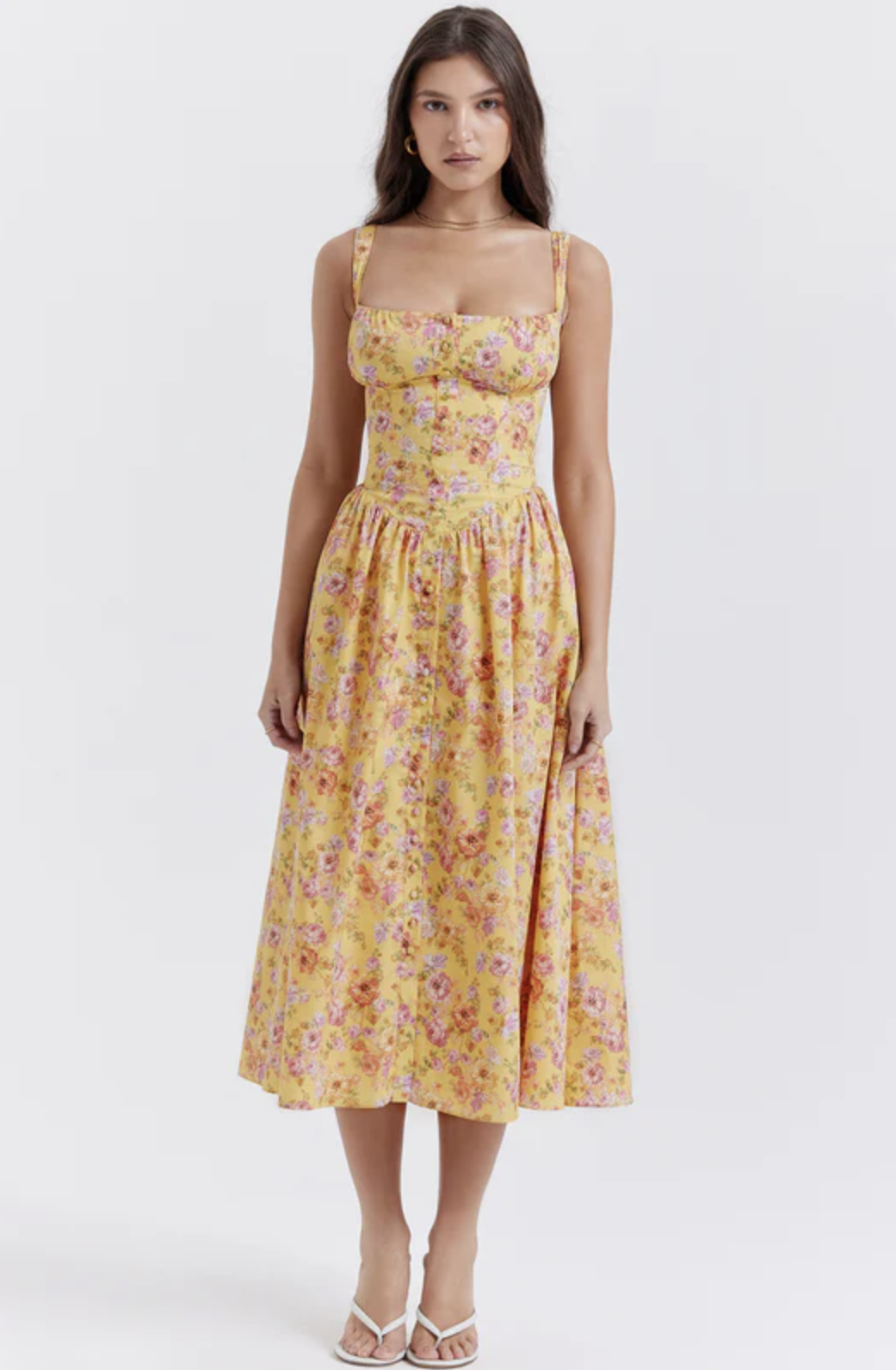 Women's Floral Midi Dress Bustier Corset Bodice Sweetheart Summer