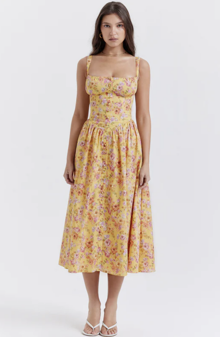 Women's Floral Midi Dress Bustier Corset Bodice Sweetheart Summer