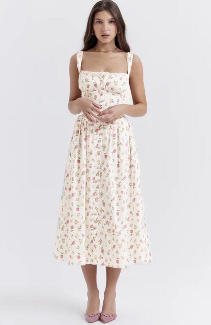 Women's Floral Midi Dress Bustier Corset Bodice Sweetheart Summer