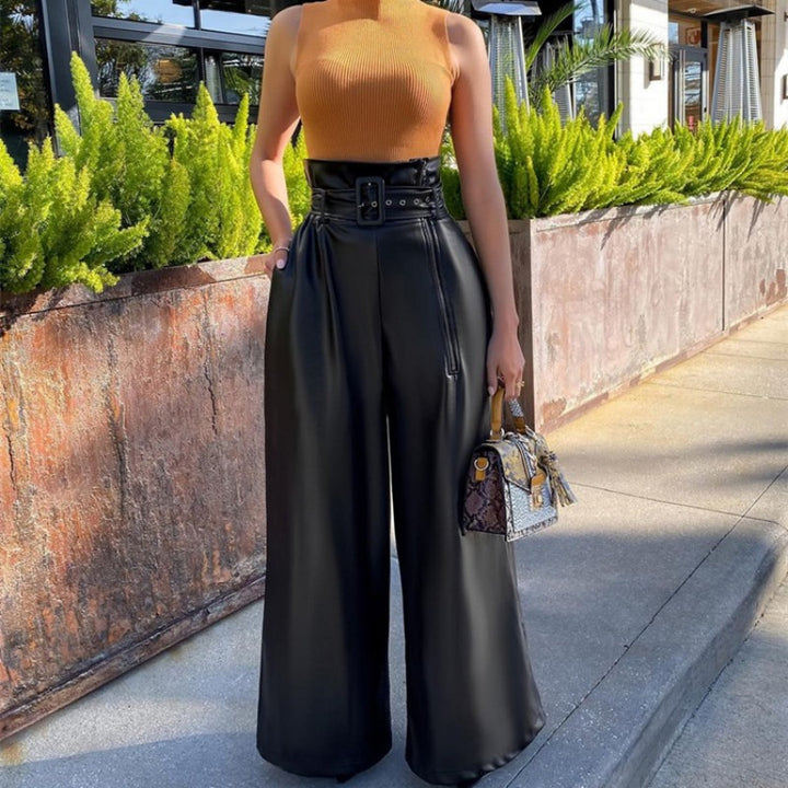 Women's High Waist Corset Belted Faux Leather Wide Leg Pants