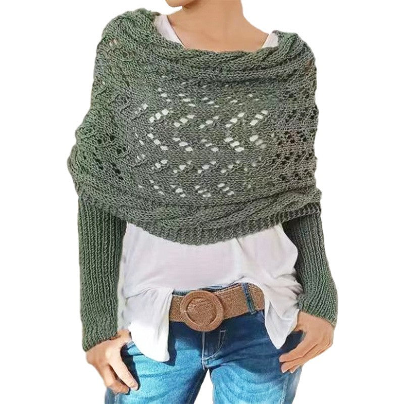 Women's Knit Shawl – Open Lace Stitch Shoulder Wrap Ribbed Trim