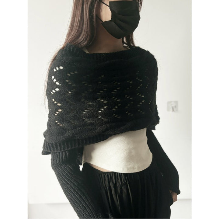 Women's Knit Shawl – Open Lace Stitch Shoulder Wrap Ribbed Trim