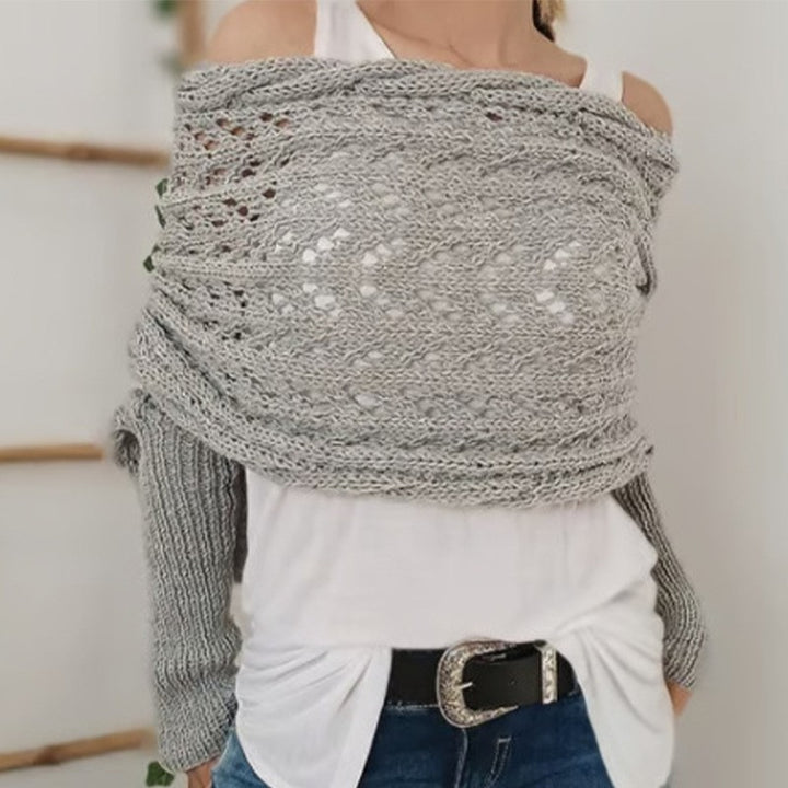 Women's Knit Shawl – Open Lace Stitch Shoulder Wrap Ribbed Trim