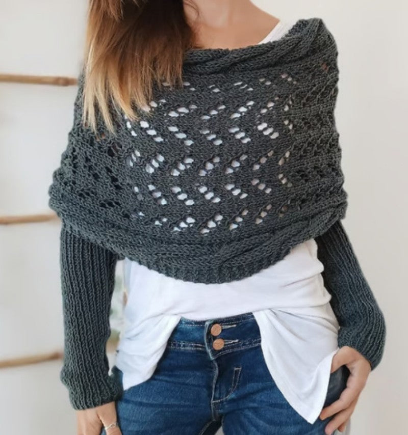 Women's Knit Shawl – Open Lace Stitch Shoulder Wrap Ribbed Trim