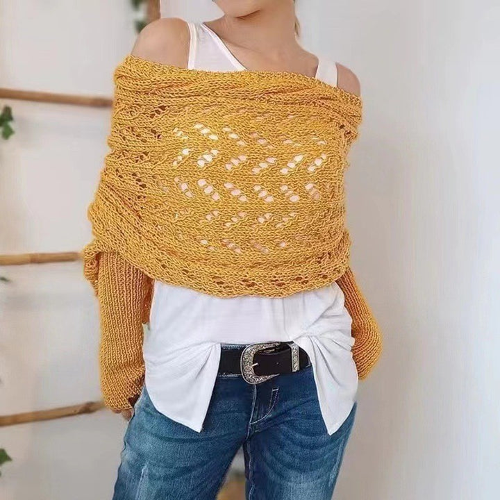 Women's Knit Shawl – Open Lace Stitch Shoulder Wrap Ribbed Trim