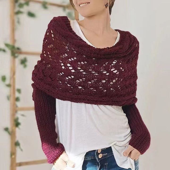 Women's Knit Shawl – Open Lace Stitch Shoulder Wrap Ribbed Trim