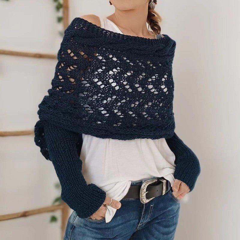Women's Knit Shawl – Open Lace Stitch Shoulder Wrap Ribbed Trim