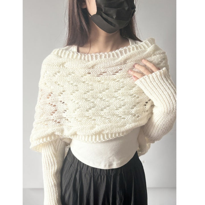 Women's Knit Shawl – Open Lace Stitch Shoulder Wrap Ribbed Trim