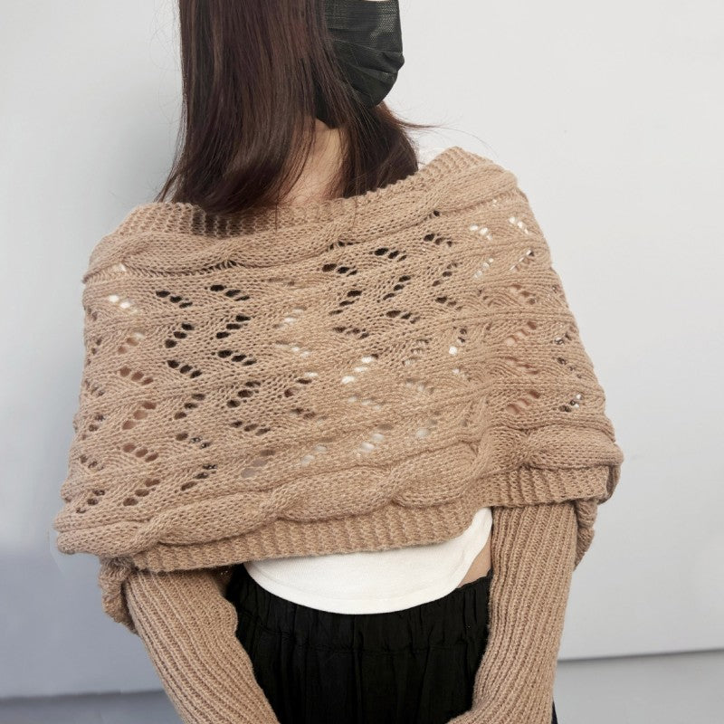 Women's Knit Shawl – Open Lace Stitch Shoulder Wrap Ribbed Trim