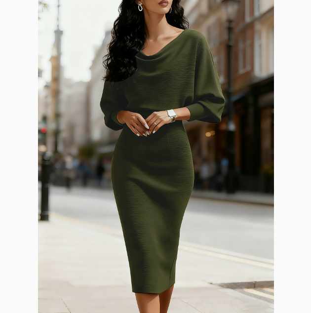 Women's Knit Batwing Sleeve Bodycon Midi Dress Cowl Neck Fitted Sweater Dress
