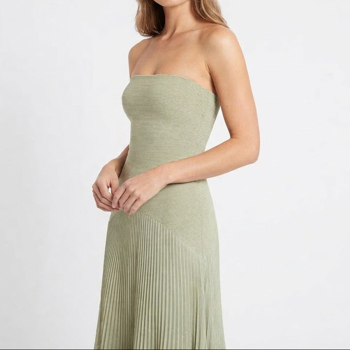 Women's Strapless Pleated Maxi Dress Accordion Pleat A-Line Formal
