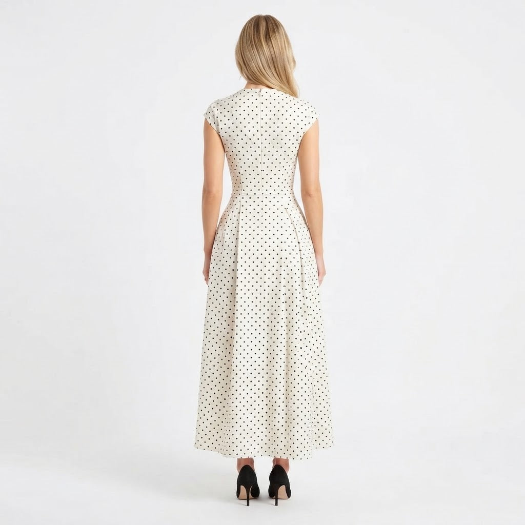 Women's Formal Maxi Dress – Polka Dot Cap Sleeve Fit-and-Flare Full