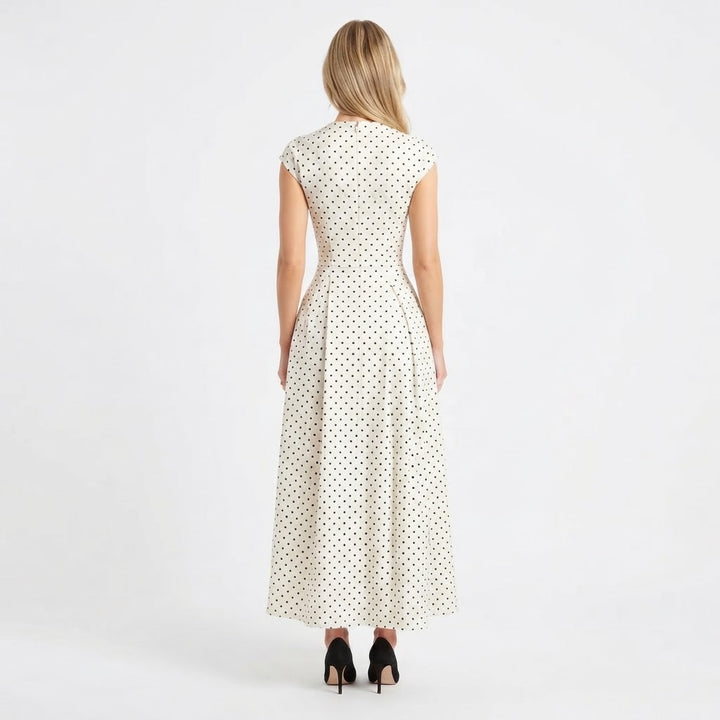 Women's Formal Maxi Dress – Polka Dot Cap Sleeve Fit-and-Flare Full