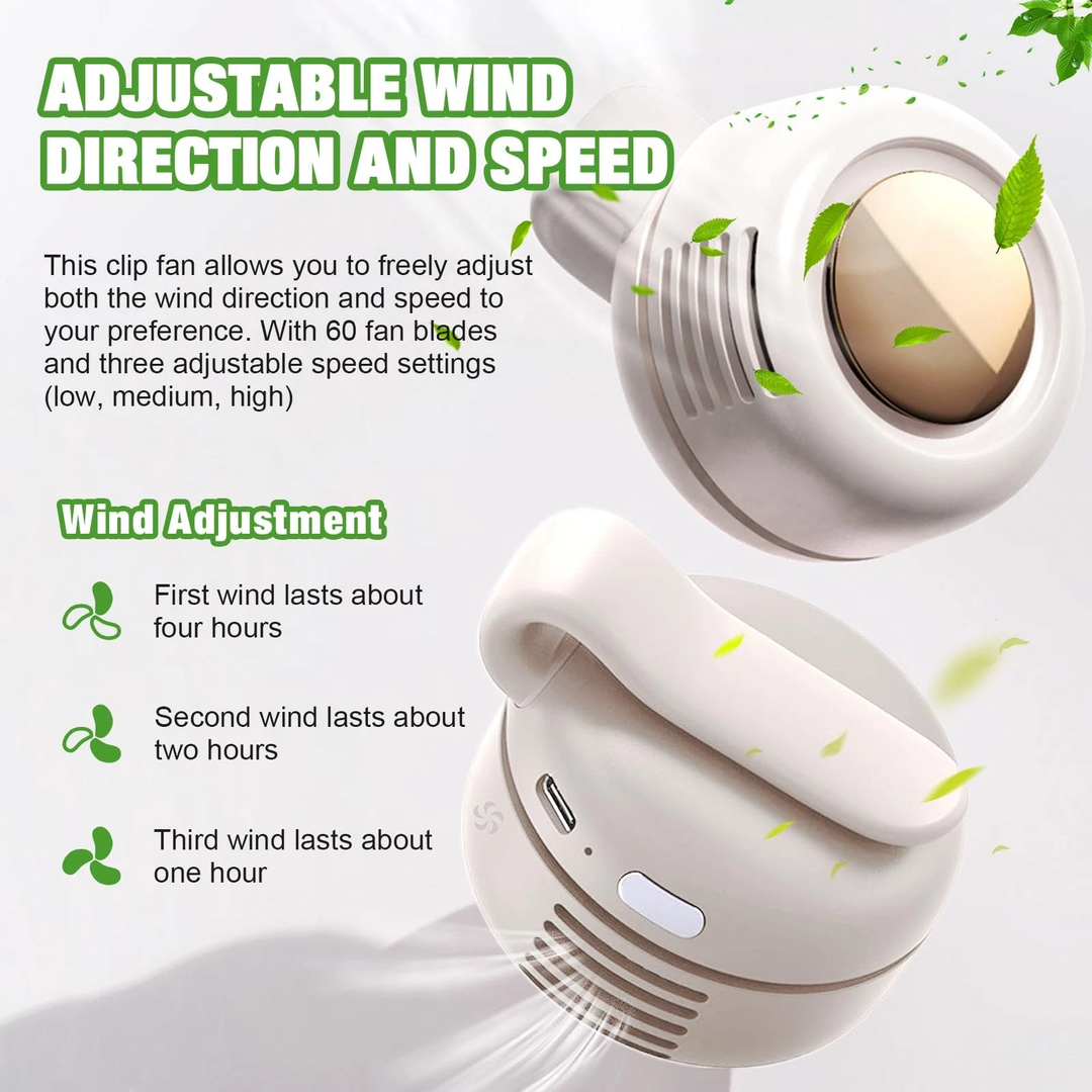 800mAH Mini Portable Silent Bladeless Fan Small Clip On Shirt Waist Adjustable Rotatable Camping Fan 3 Speed Type-C